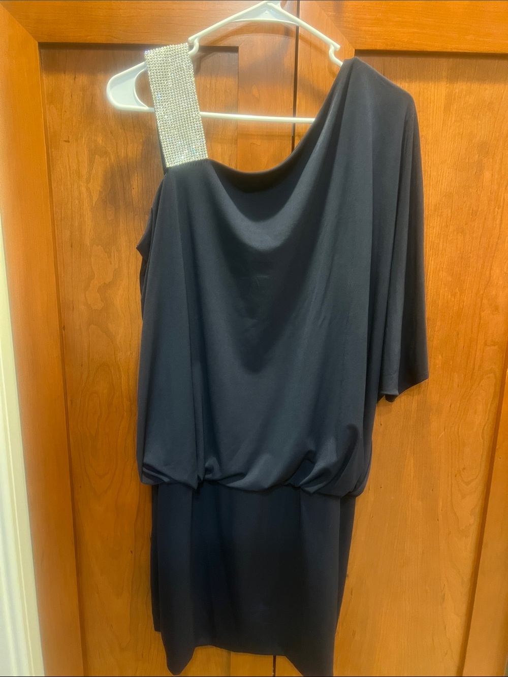 JACKIE JON One Rhinestone Shoulder Navy Blue Blouson Dress Batwing Sleeve